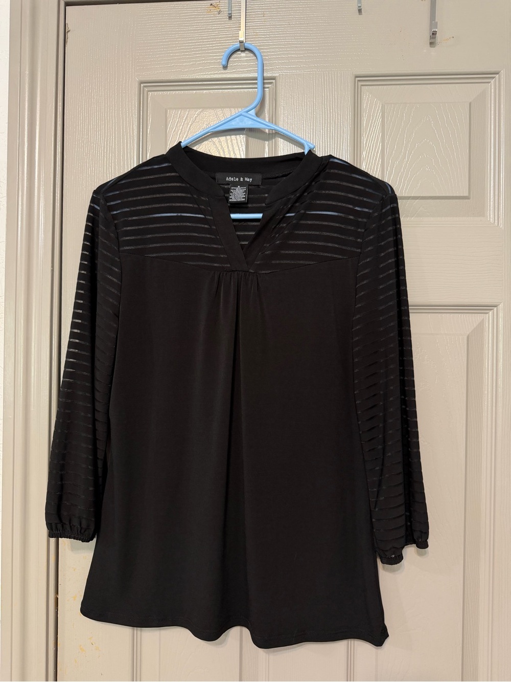 Adele & May Black Sheer-Stripe V-Neck Blouse
